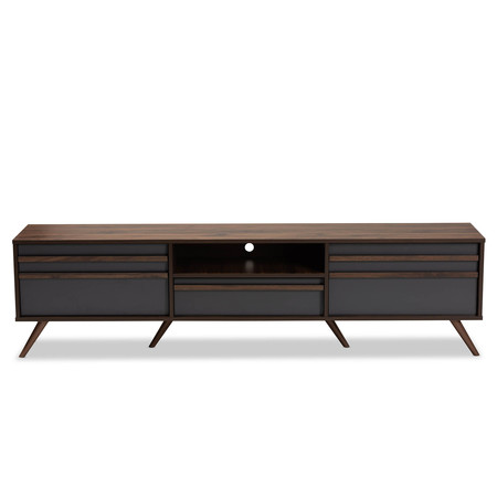 Baxton Studio Naoki Grey and Walnut Wood TV Stand with Drop-Down Compartments 168-10928